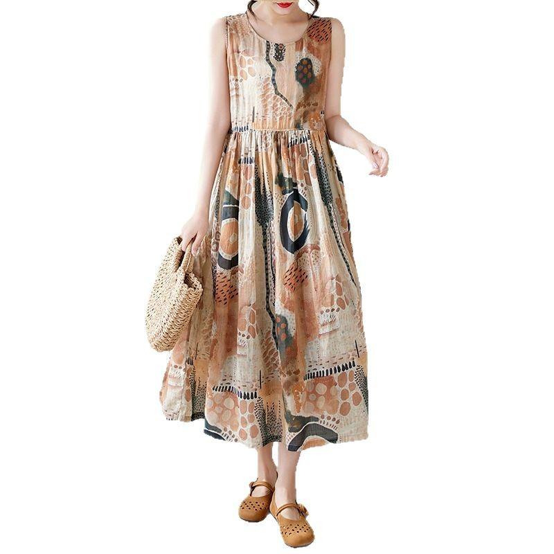 2025 Summer New Retro Printing Cotton and Linen Long Dress Women's Loose and Thin Round Neck Sleeveless Vest Dress
