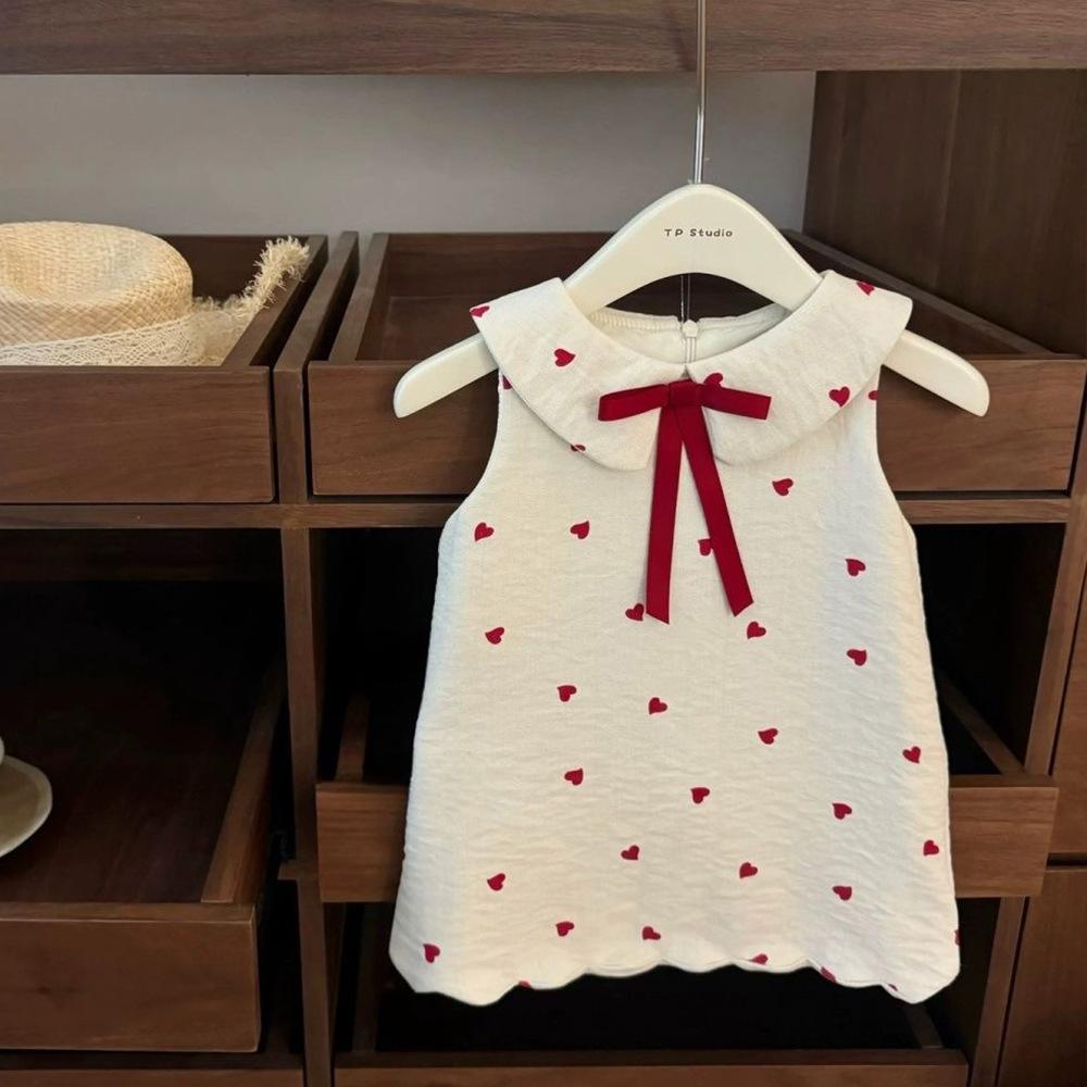 Girls White Heart Print Sleeveless Dress Summer Peter Pan Collar Princess Sundress Cute Casual Party Outfit For Kids