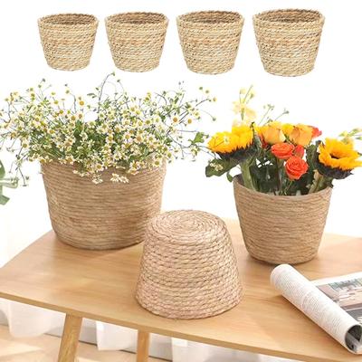 1PC Handmade Straw Weaving Woven Flowerpots Bear Hugging Bucket Flower Plant Pot Planter Basket
