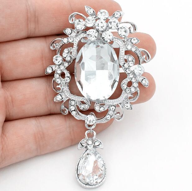 Fashion Glass Teardrop Brooch Pendant: Bridal Corsage and Wedding Attire Accessory белый