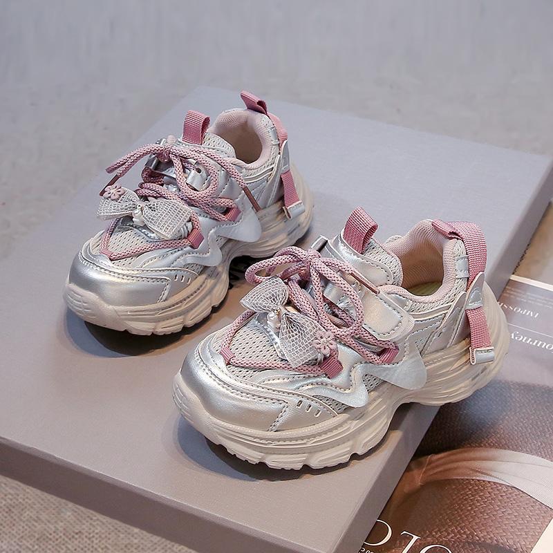 

Girls Sports Shoes Princess Style Kids Sneakers with Lace Bow Sweet Flower 2025 New Fashion Girls Running Shoes Mesh Breathable 27