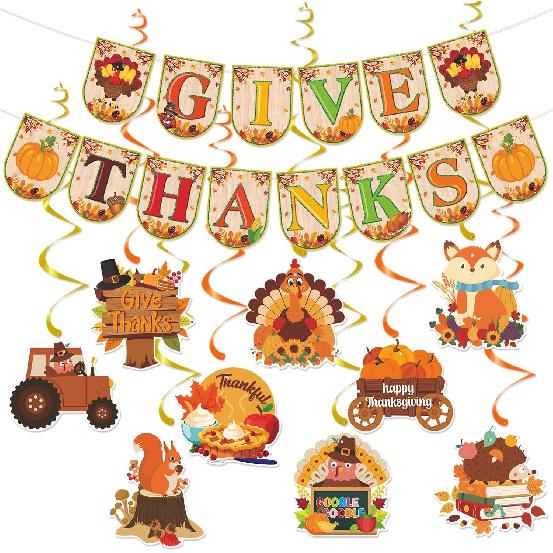 Thanksgiving Decorations, Give Thanks Banner Hanging Swirls, Happy Thanksgiving Banner Party Decorations, Friendsgiving Fall Decorations for Party