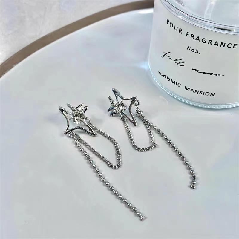 Asymmetrical S925 Sterling Silver Star Tassel Stud Earrings - French Minimalist Style Exquisite Accessories