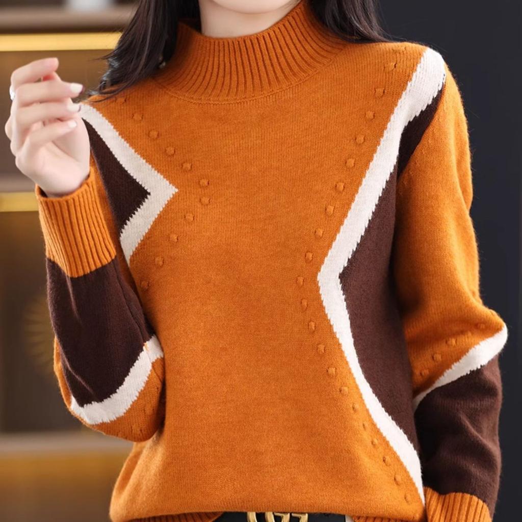 Half High Neck Sweater Women's Autumn and Winter Red Casual Knit Sweater Dragon Long Sleeved Warm Pullover Sweater