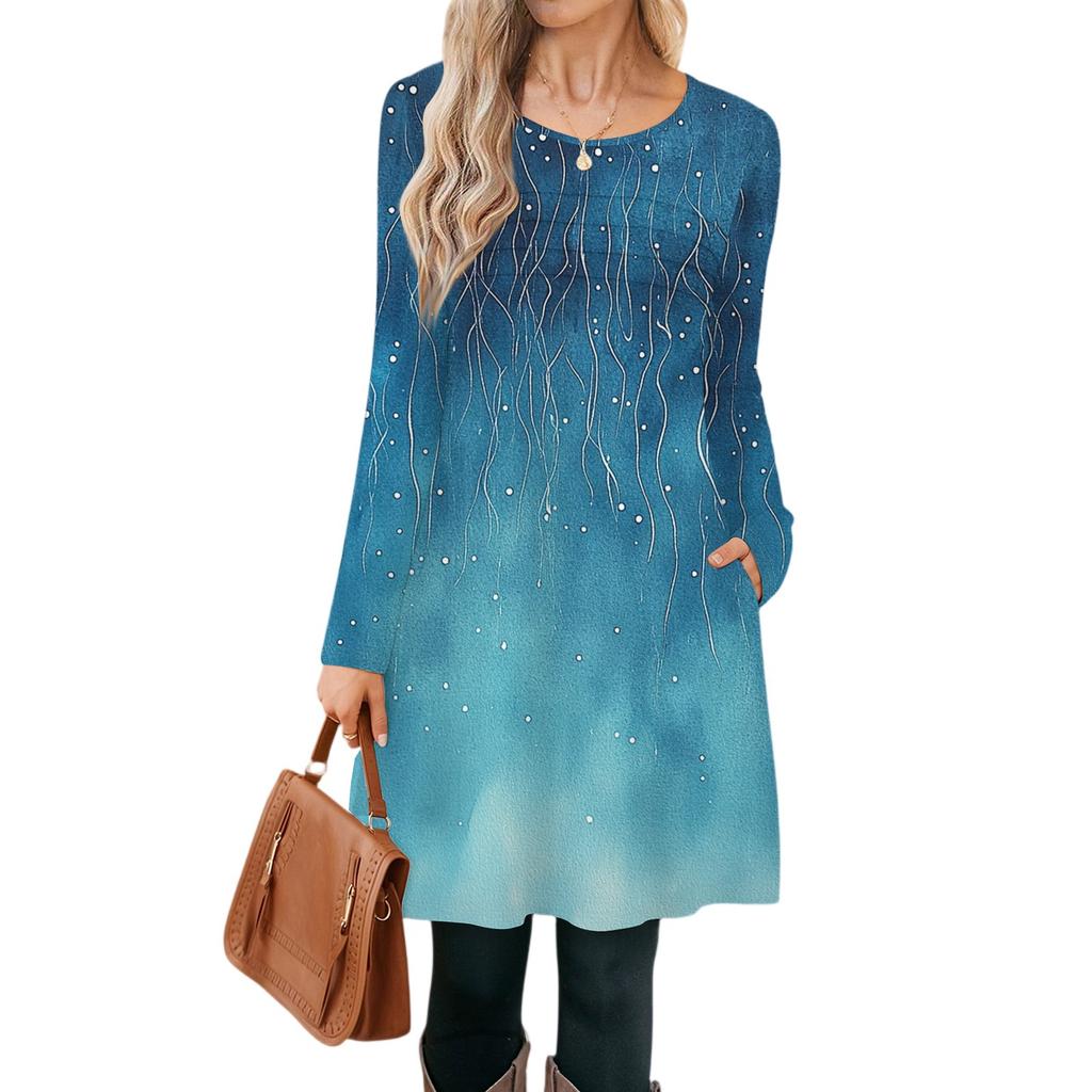 Women's Casual Fashion Long Sleeve Graphic Printed Vintage Dresses With Pockets
