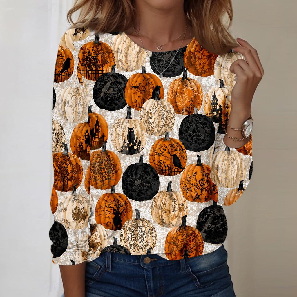 Women Long Sleeve Casual Pullover Sweatshirt Halloween Pumpkin Print Round Neck Top Lightweight Comfortable Fit