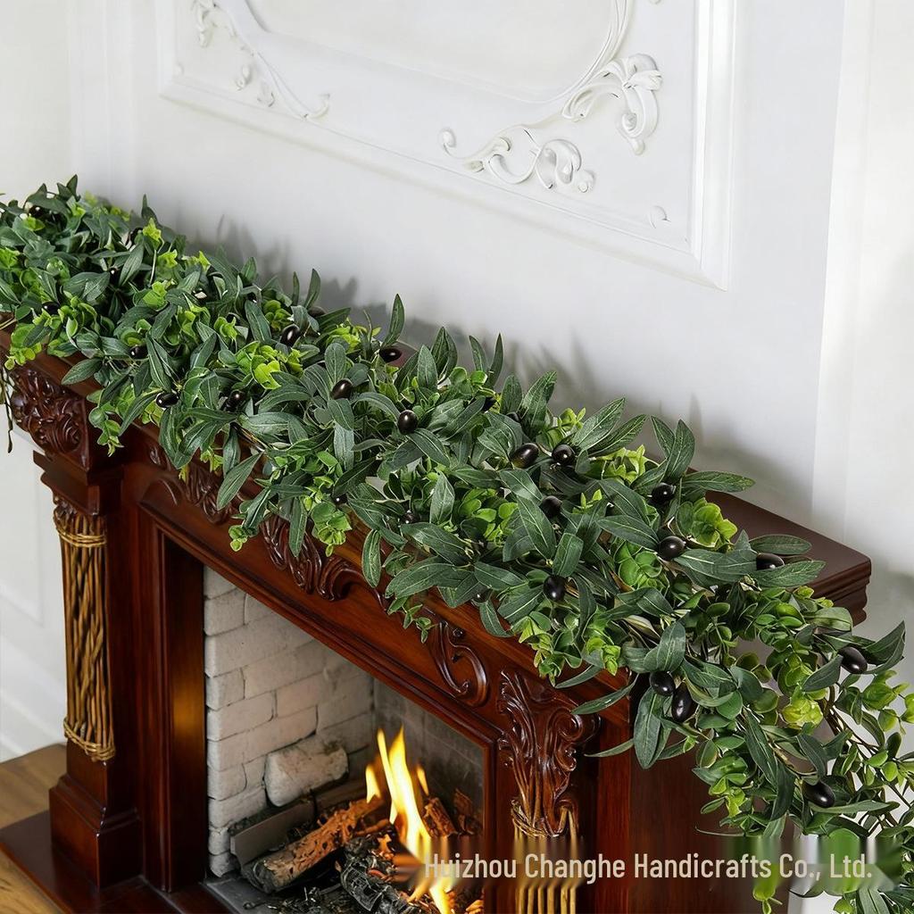 Simulated Green Olive & Eucalyptus Plant with Fruit Rattan Pine Cypress Vine for Wall Decoration.