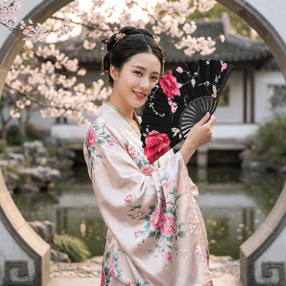 Exquisite Plastic Rod Folding Fan Hollow Decorative Cloth Hand Fan with Fan Ring Flower Handheld Fan Stage Performance