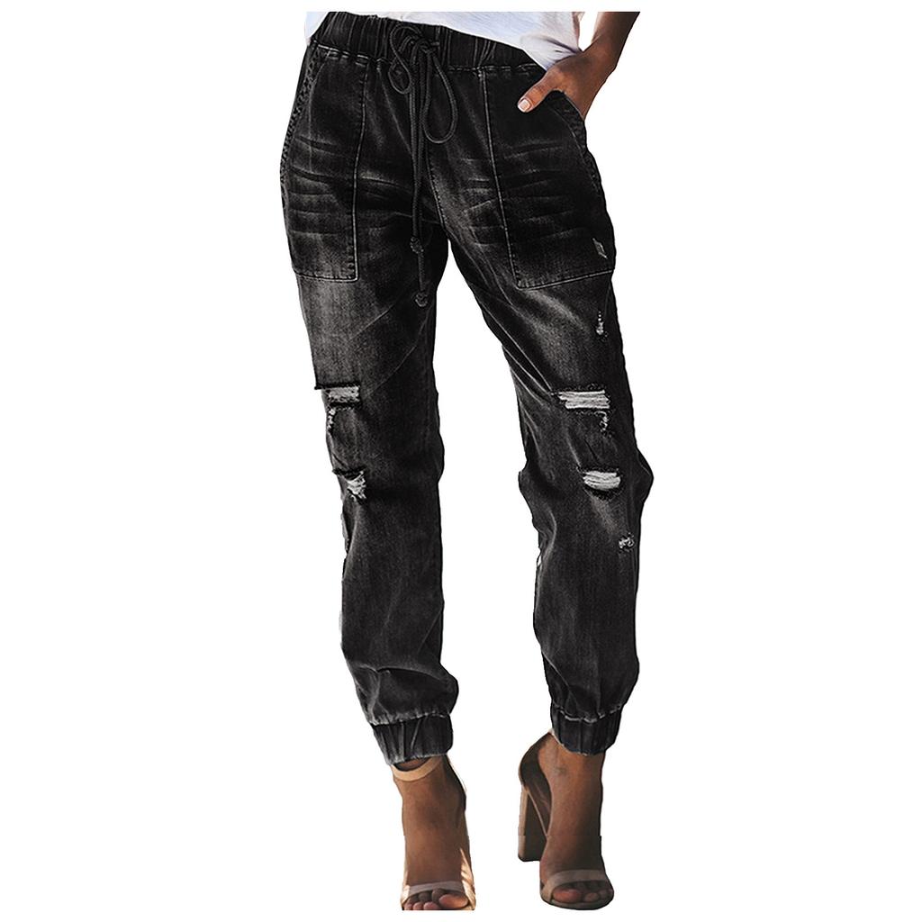 Women's Ripped Jeans Drawstring Elastic Waist Washed Casual Pants Denim Trousers