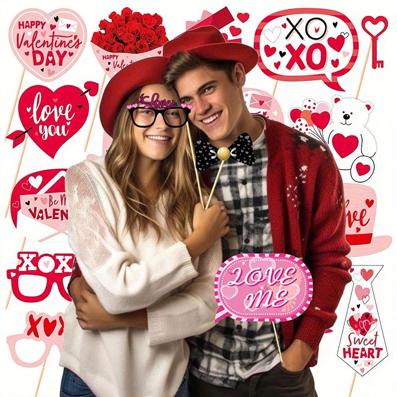 25/28/35pc Valentine's Day Photo Booth Props Handheld Photography Photo Prop Love Heart Glasses Hats Mask Photo Decor Supplies