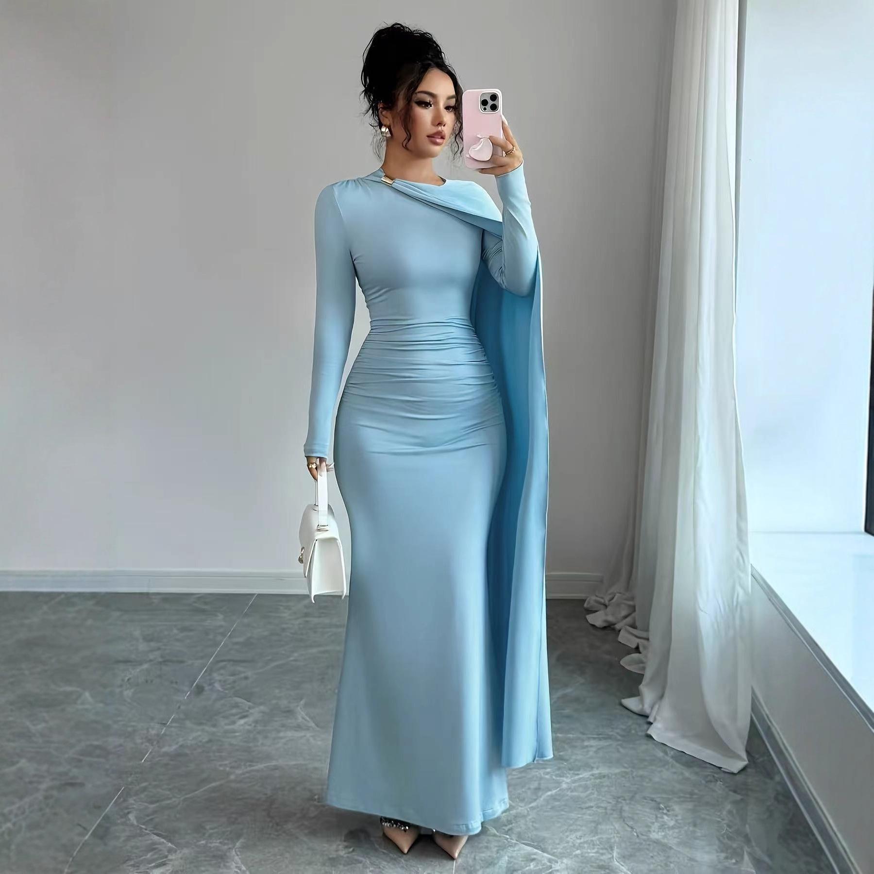 

European Cross-border E-commerce 2025 Pleated Shawl Irregular Long Sleeve Slim Fit Dress Small небо синє кольору