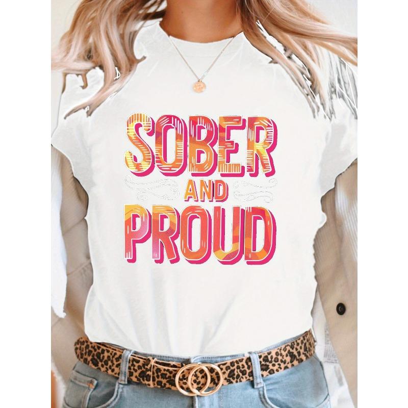 

European Size SOBER & PROUD Graphic Print Women s Short Sleeve Crew Neck T-Shirt - Vibrant Geometric Pattern, Medium Stretch Casual Top S белый