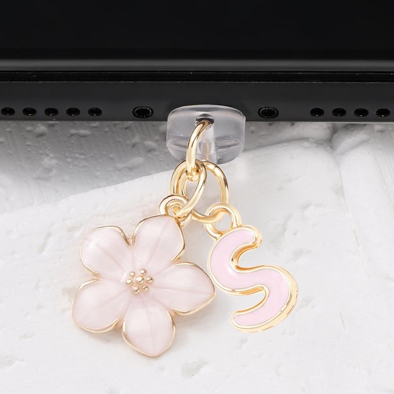 Fashionable Pink Flower Letter Phone Dust Plug, Exquisite A-Z Letter Alloy Pendant, Suitable As a Birthday Gift for Women