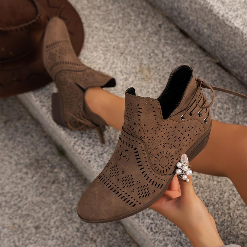 Sleek Silhouette, Chic Women's Slip-On Ankle Boots with Chunky Heel - Faux Cover, Breathable Hollow Design, Versatile Solid Color