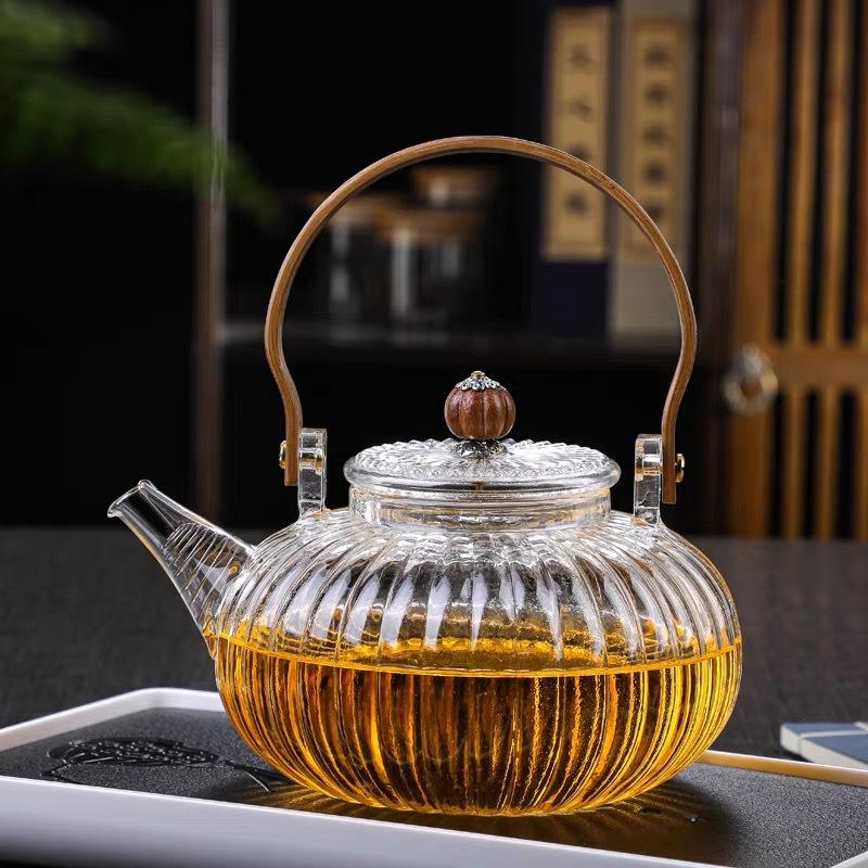 Baifenbai Home Furnishing Striped Glass Brewed Teapot Glass Scented Tea Brewed Teapot, Boiling Water Brewed Teapot Wood Handle Ruyi Pumpkin Beam Pot
