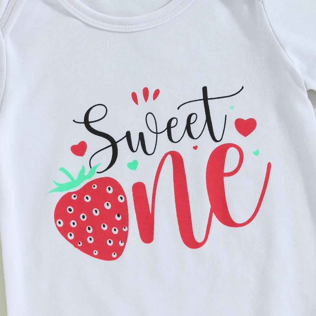 Baby Girl Clothes Suits Letter Print Short Sleeve Crew Neck Romper Strawberry Print Flare Pants Headband 3Pcs Set