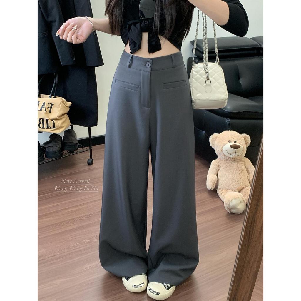 High-Grade Gray Wide-Leg Suit Pants - Women's Spring 2026 Drape Loose, Floor-Length Casual Trousers