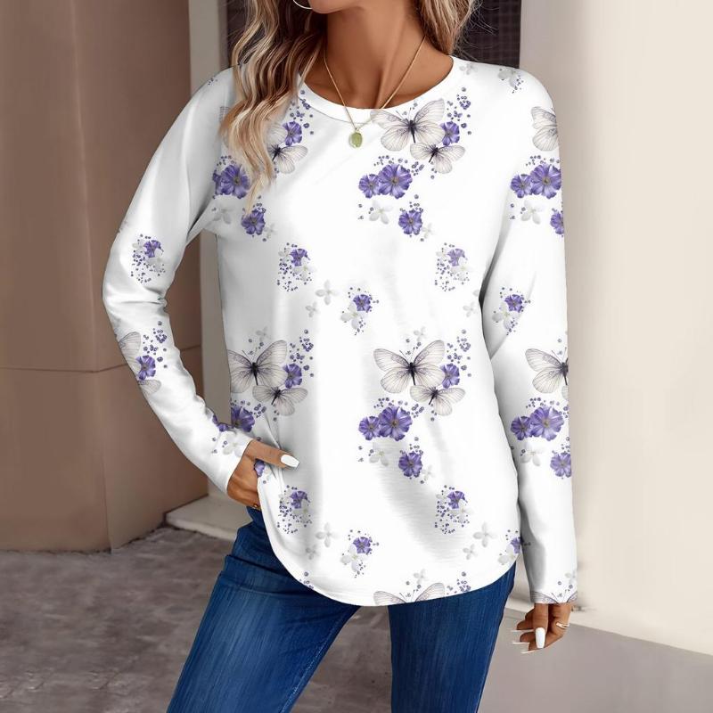 T-shirt À Manches Longues Et Col Rond Pour Femme, Imprimé Floral En 3D, À La Mode, Haut Régulier, Vacances, Week-end, Printemps Et Automne