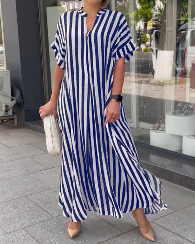 In stock, European and American women's clothing fashion trend split-ended loose casual striped dress