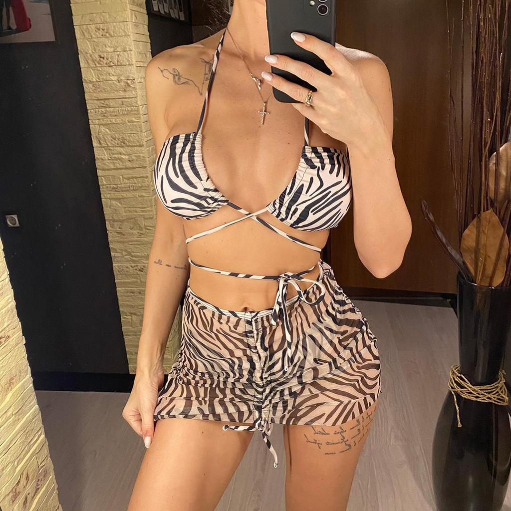 Novinka Se sukní Zebra Potištěný Zavinovač Kolem Bikin Dámské Plavky Dámské Plavky Třídílné Bikiny Souprava Koupání Plavky