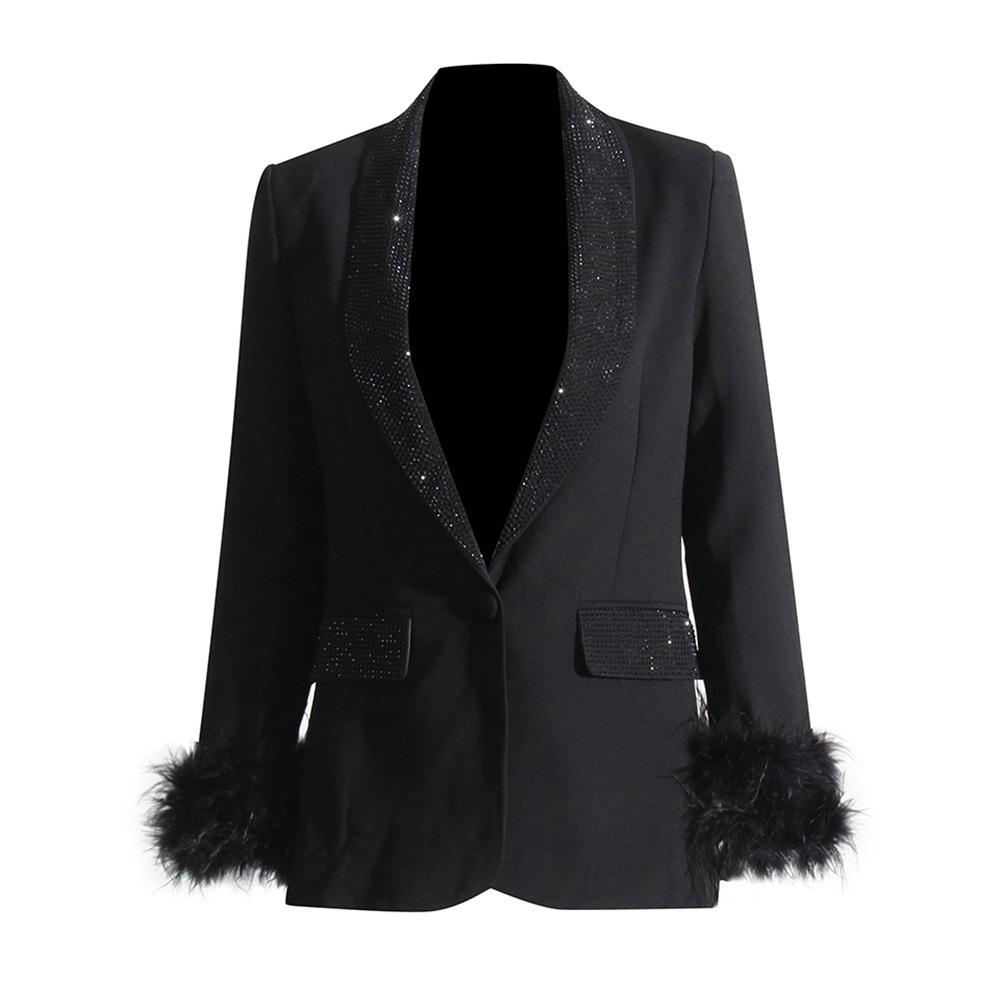 Spring 2026 Women's Luxe Suit: Cuff Patchwork with Ostrich Feather & Rhinestone Trim
