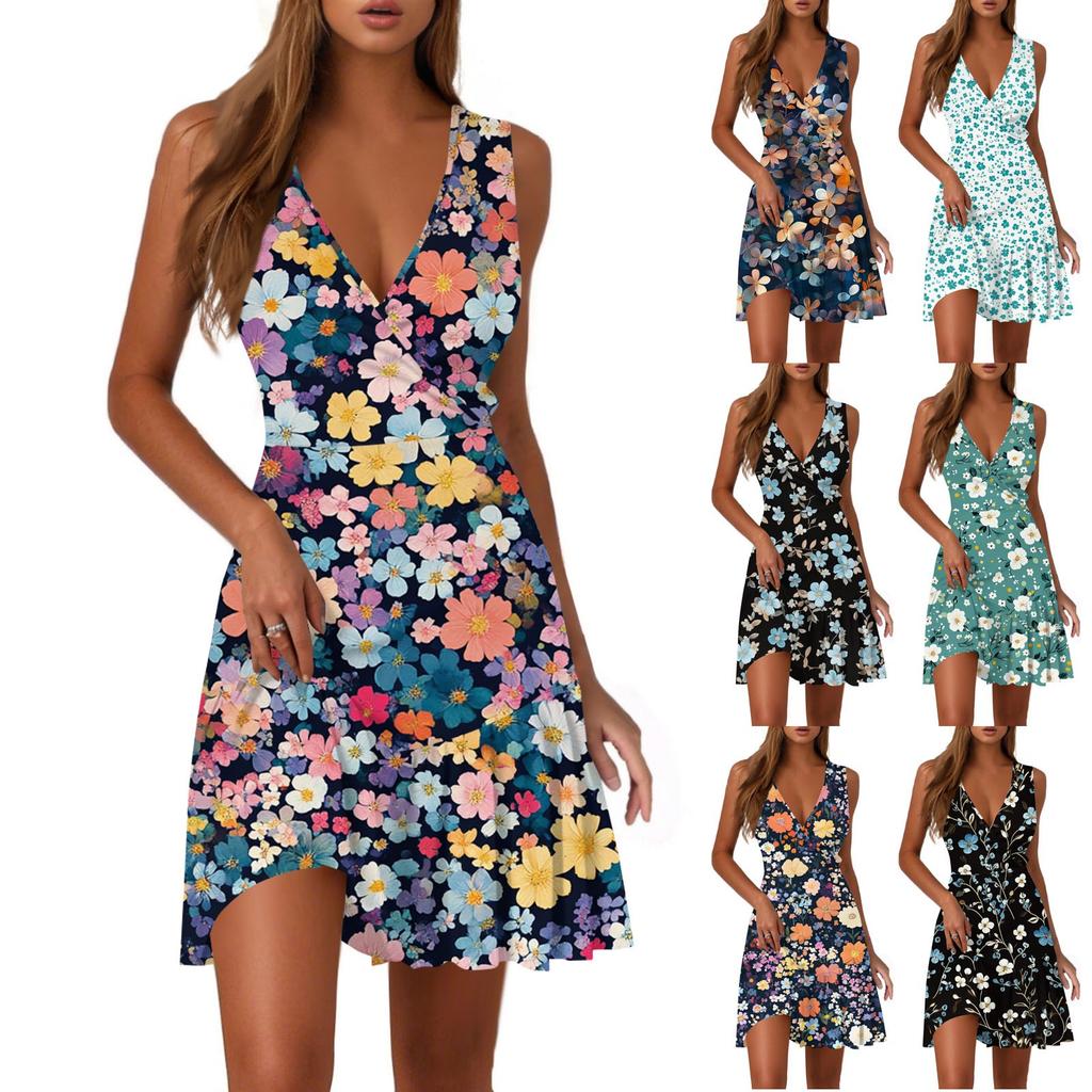 Ladies Casual Fashion V-Neck Sleeveless  Print Dress