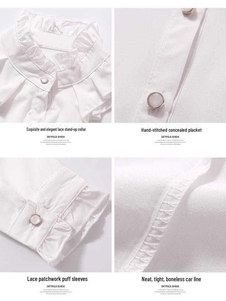 2025 Spring & Autumn Korean Style Women's Stand-Up Collar Long Sleeve Slimming Ruffle Shirt