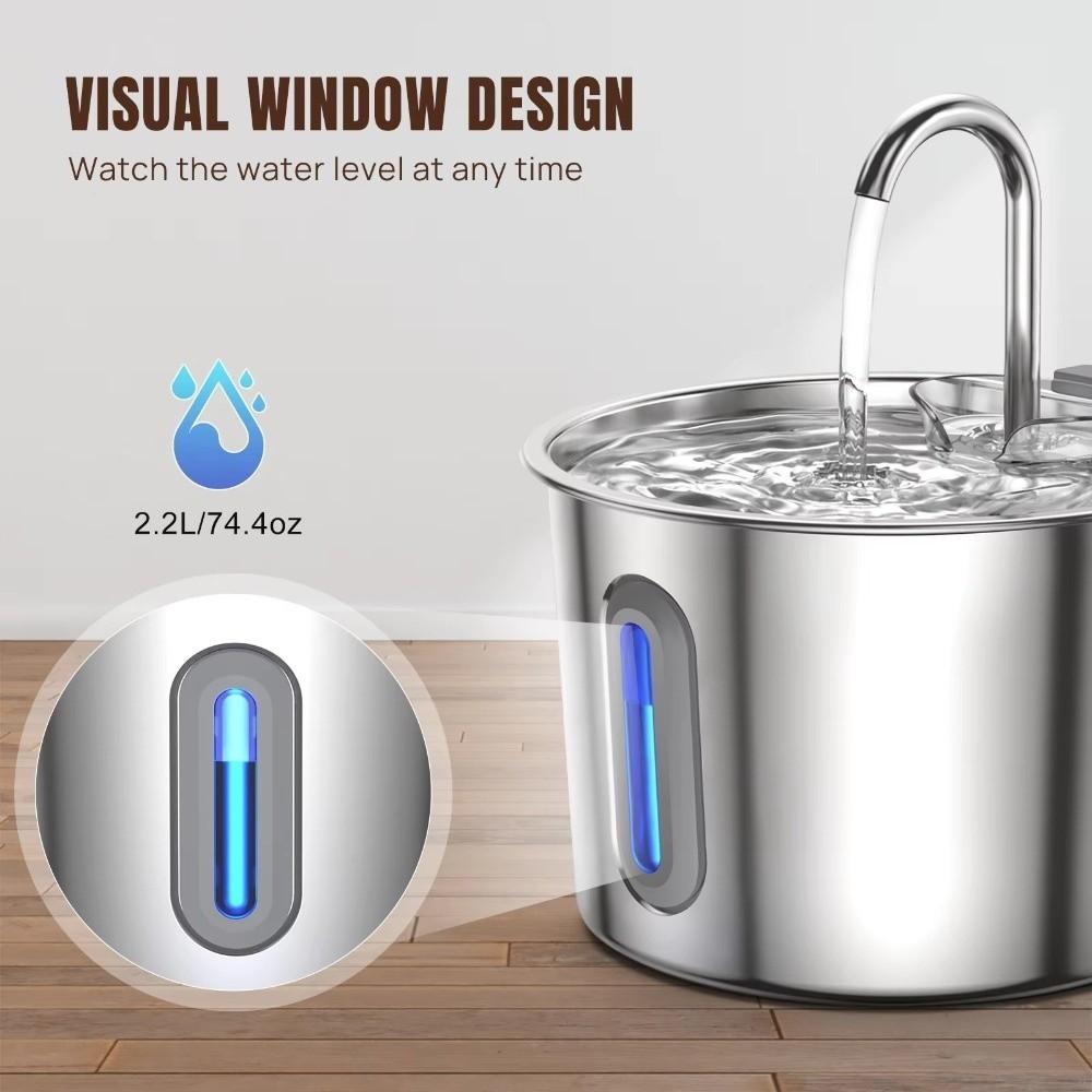 2.2L Cat Dog Water Fountain Ultra Quiet Stainless Steel Pet Automatic Drinking Dispenser Water Level Window Filter System
