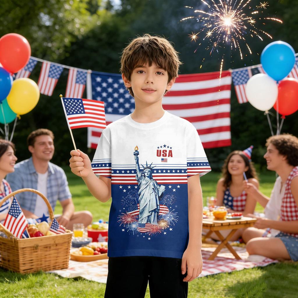 Kids Independence Day Print Round Neck Short Sleeve Casual T-shirt