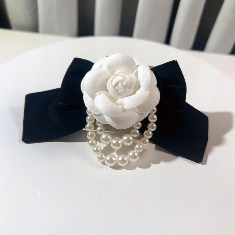 Camellia Flower Bow Corsage Brooch Pins Pearls Tassels Bowknot Collar Bow Tie