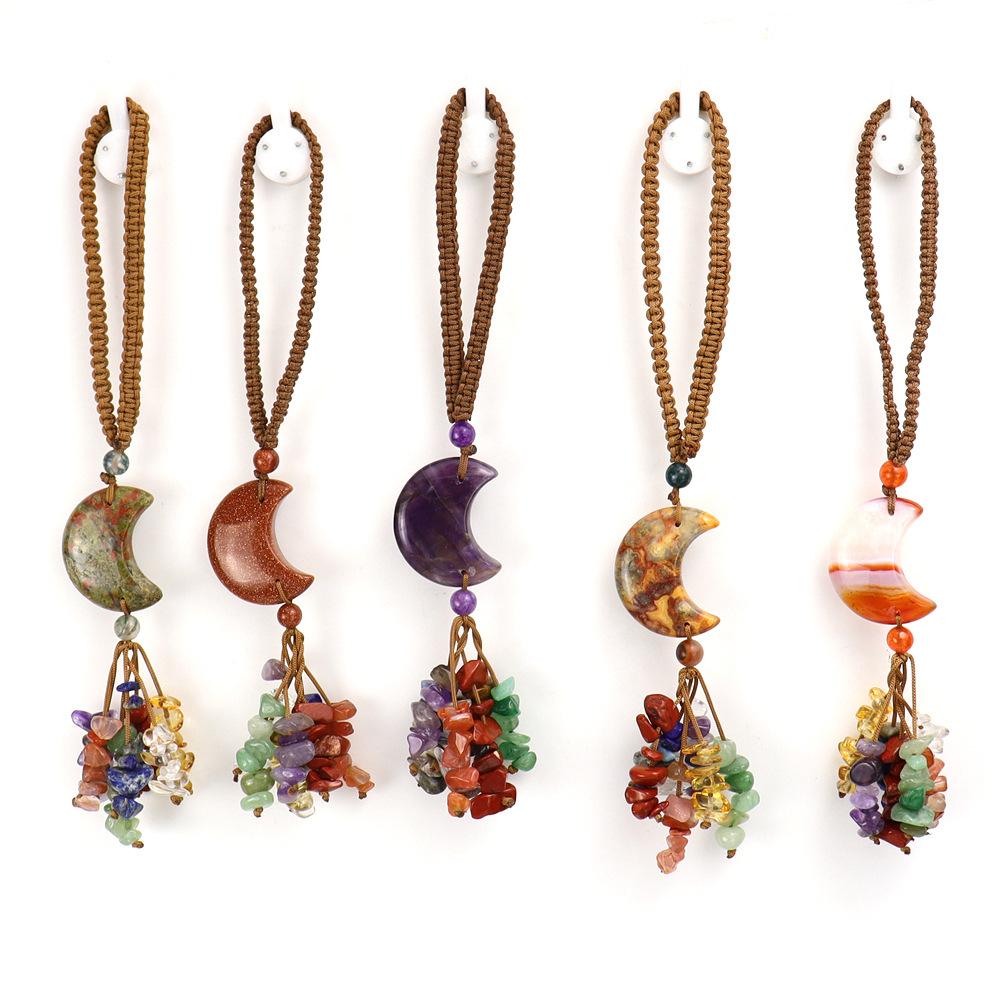 Handmade Woven Raw Crystal Moon Pendant Boho Multicolor Natural Stone Car Hanging Ornament Home Decor Gift for Her