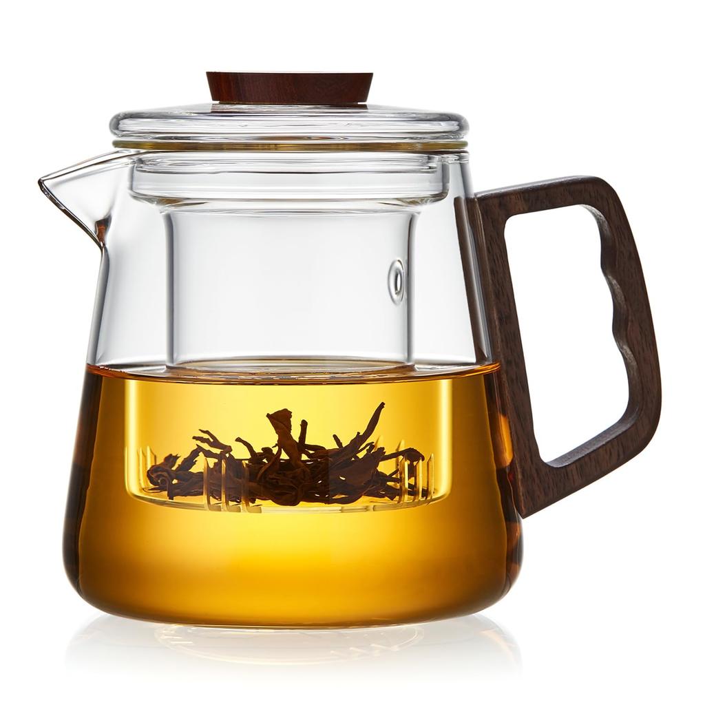 Pokaro Tea Heat-Resistant Glass Teapot, 650ml, with Lid, Wooden Handle, and Glass Tea Strainer, Stovetop-Safe, Handmade, with Black Tea Pods, Boiling