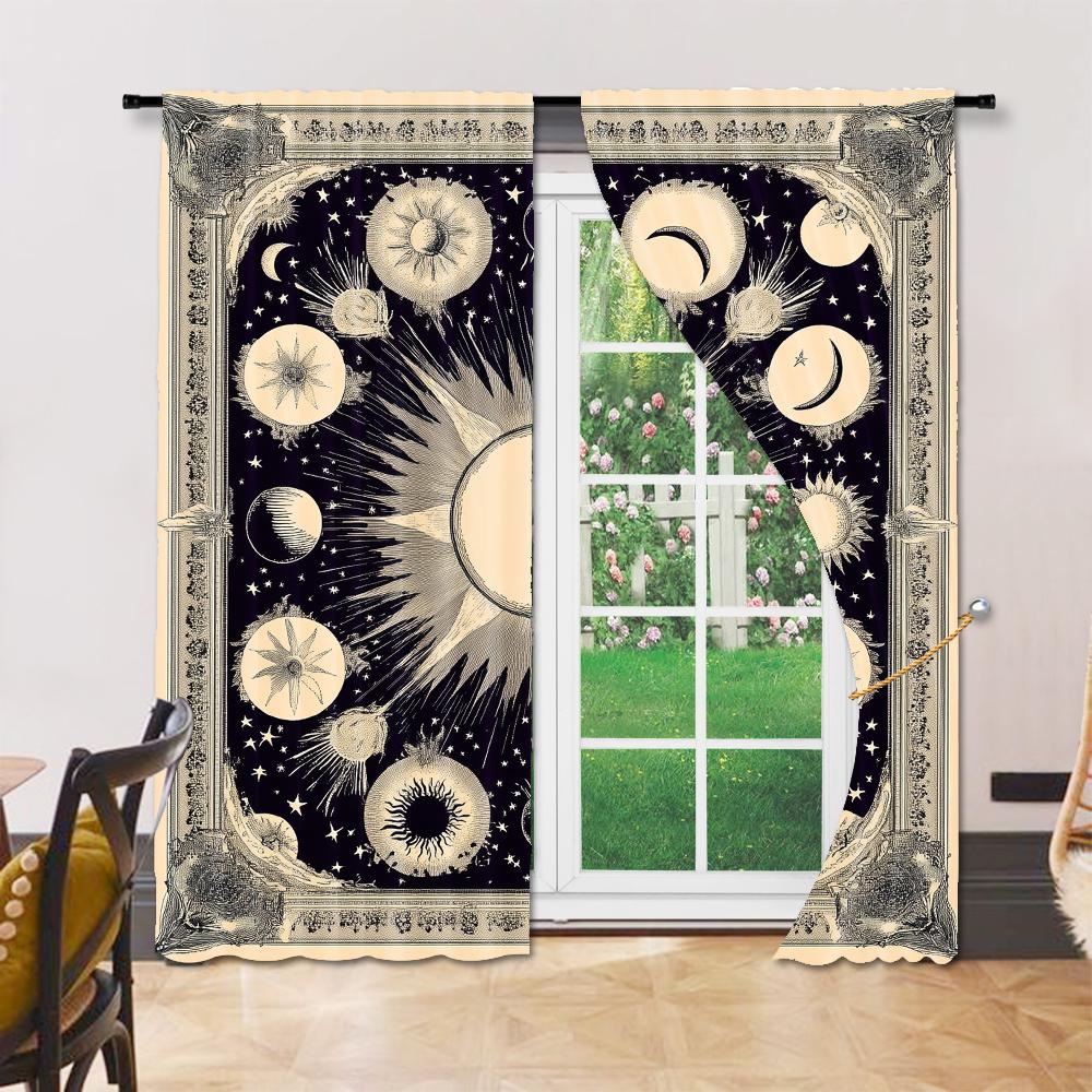 Bohemian Moon Sun Window Curtain Vintage Star Design Polyester Material Drapes Bedroom Living Room Curtains Set Of 2 Made With Rod Pocket Sitting