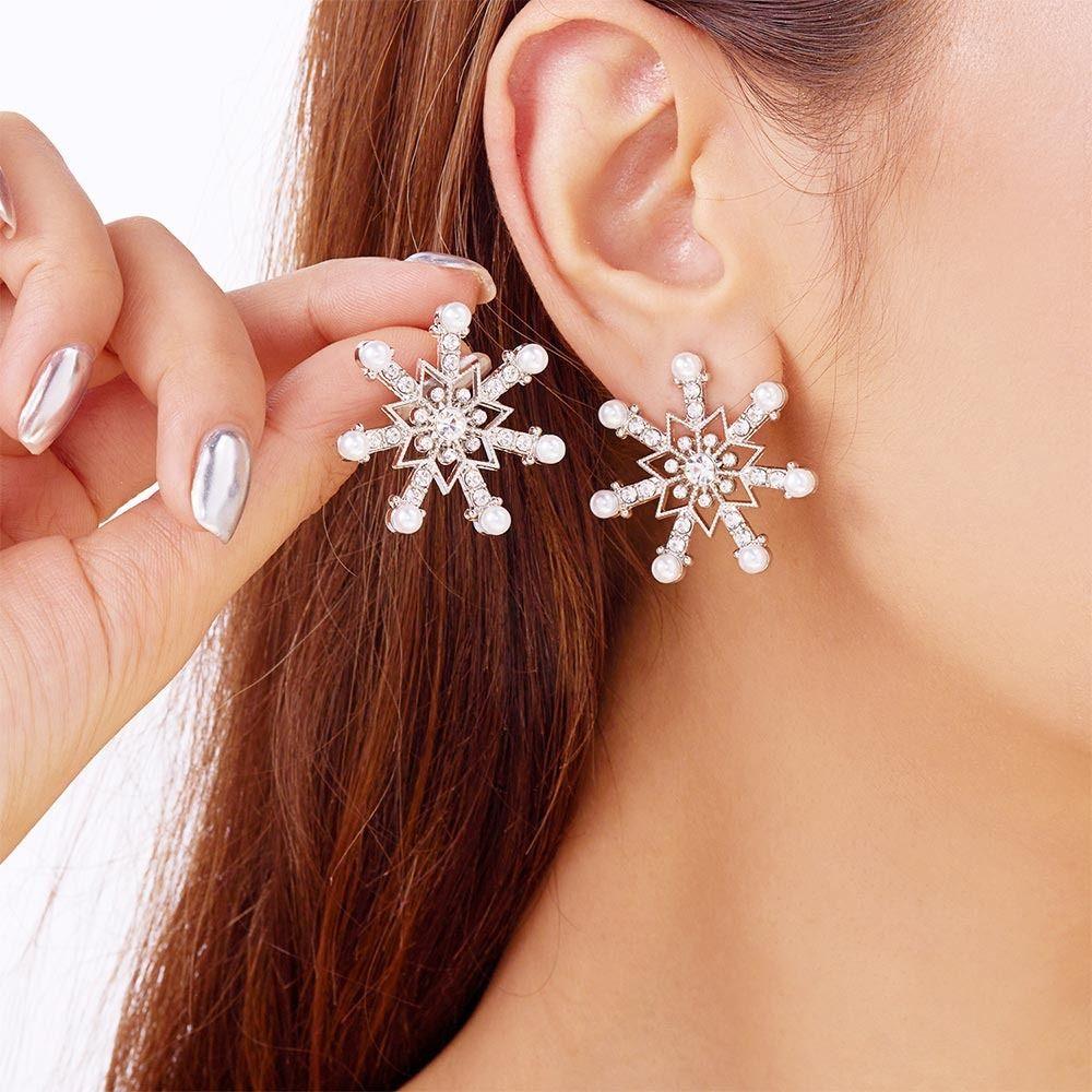 Crystal Zircon Pearl Drop Earrings Snowflake Long Tassel Earring Ear Jewelry  For Women Girl