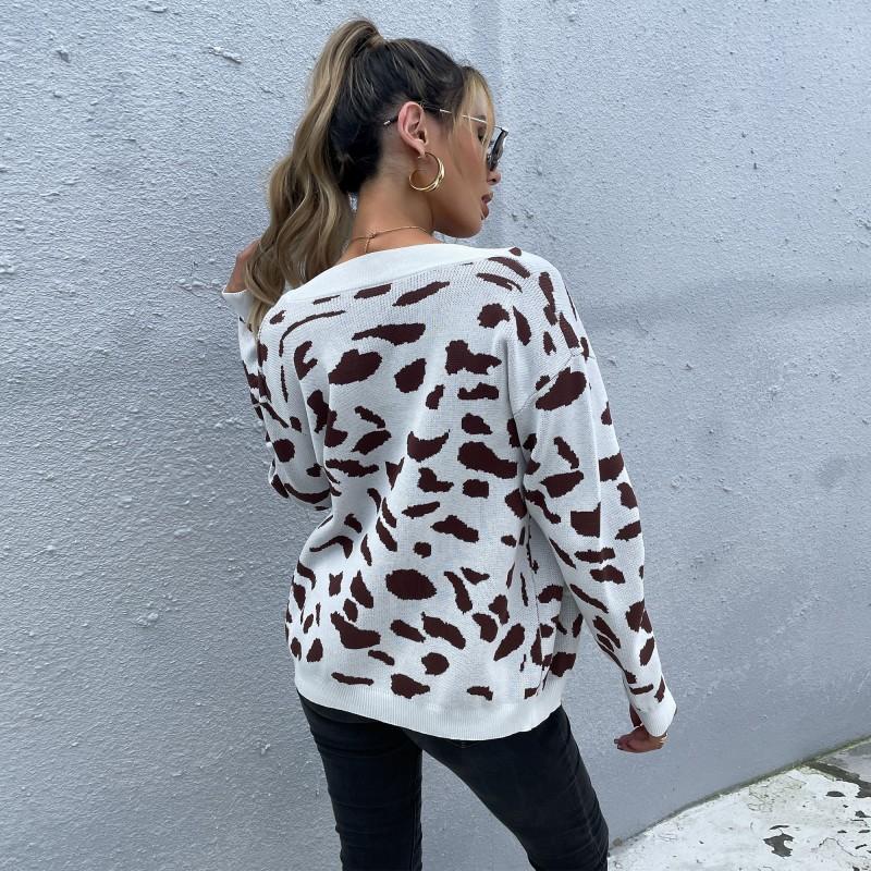 Casual Trend Versatile Women's Fall Wind Leopard Print V-neck Knit Sweater Jacket Women