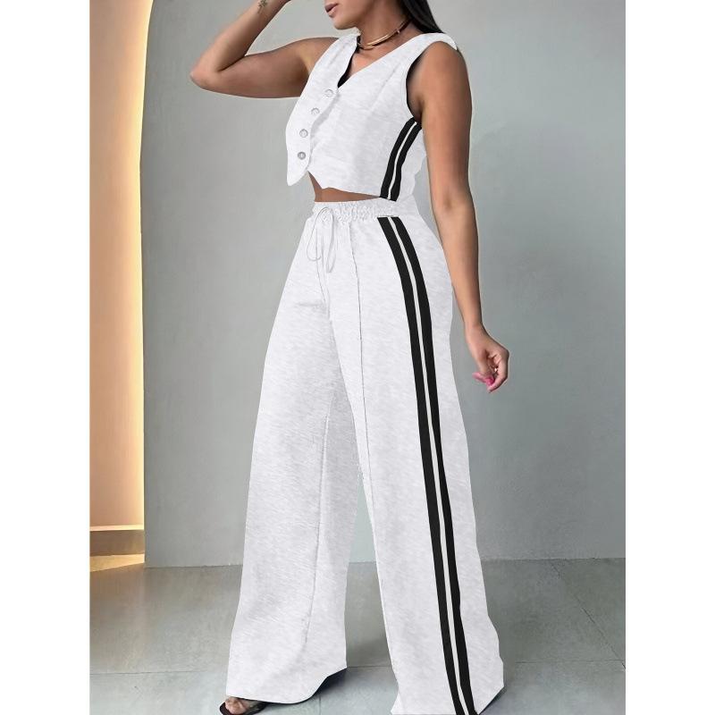 Women's Loose Fit Two Piece Set Sleeveless Crop Top Elastic Waist Wide Leg Pants Tracksuit