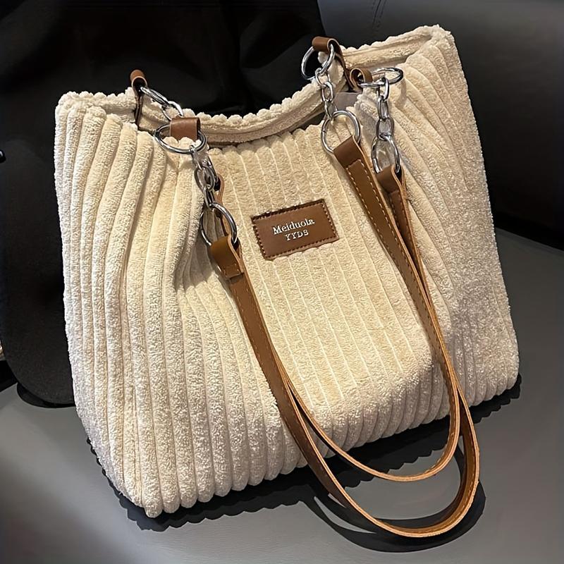 

Women Corduroy Shoulder Bag, Solid Color Handbag, Fixed Shoulder Strap, Large Capacity Simple Multifunctional Design Casual