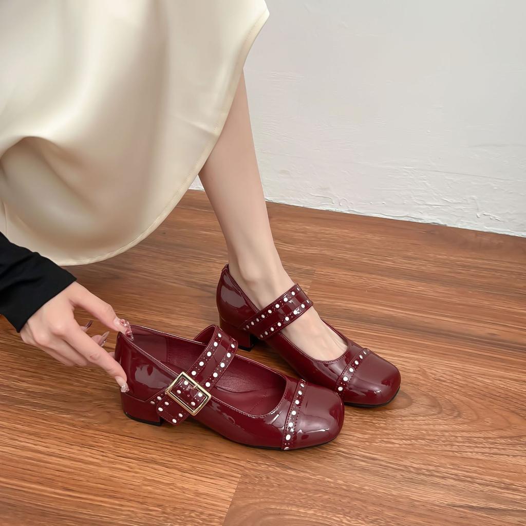 2025 spring new rivet Mary Jane shoes women's comfortable shallow mouth single shoes with French high heels women's outer wear