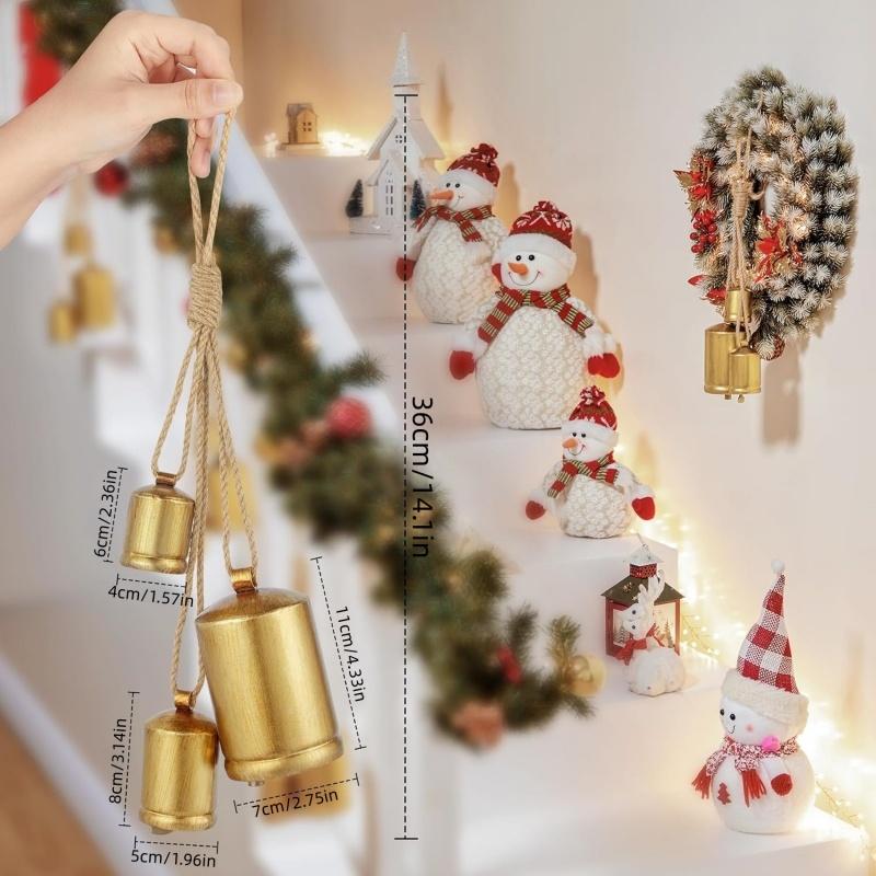 Christmas Cow Bell Metal Brass Bell with Jute Hanging Rope Home Party Xmas Decor