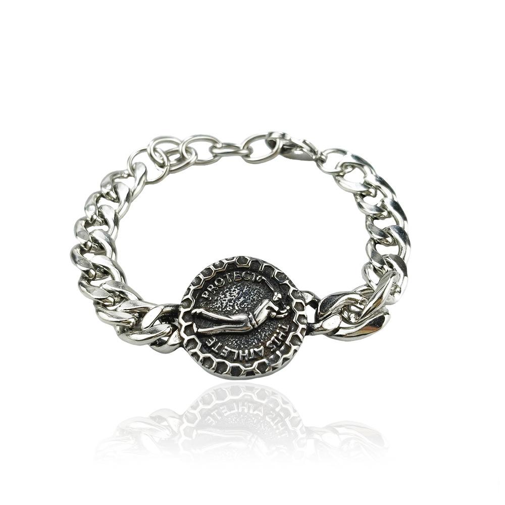 Hip Hop Stainless Steel Vintage Punk Skull Head Dragon Pattern Round Brand Sports Men's Bracelet Accessories