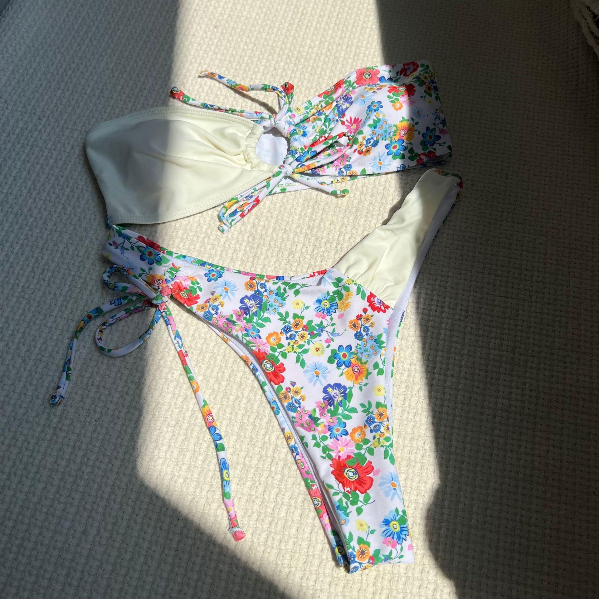 European and American floral color matching tether tube top small fresh sexy swimsuit bikini bikini L