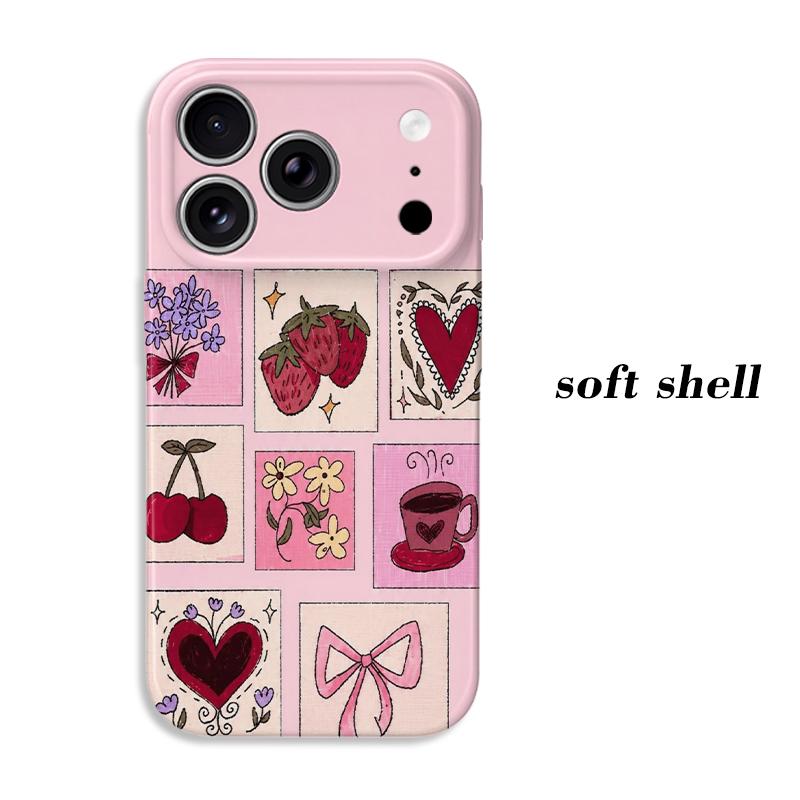 Pink Grid Collage Strawberry Cherry Heart Bow Floral Coffee Print Phone Case Coquette Cute Girly Vintage Shockproof Cover For All iphone Series