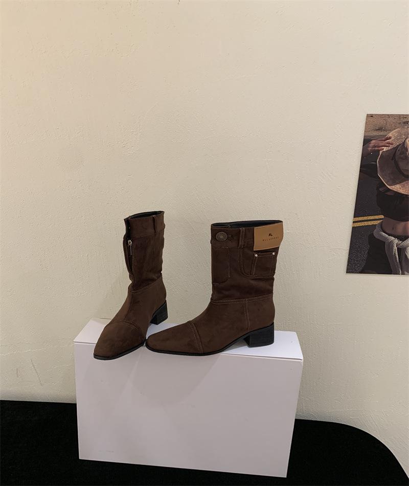 

~ Retro velvet square head low-heeled high boots autumn and winter new leather versatile but knee boots women 39 коричневий