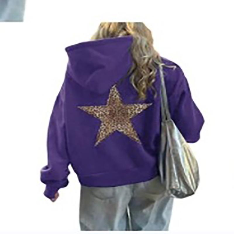 Mode Einfacher Leopardenmuster Fünfzackiger Stern Kapuzenpullover Lässig Locker Kängurutasche Kordelzug Pullover Oberteile