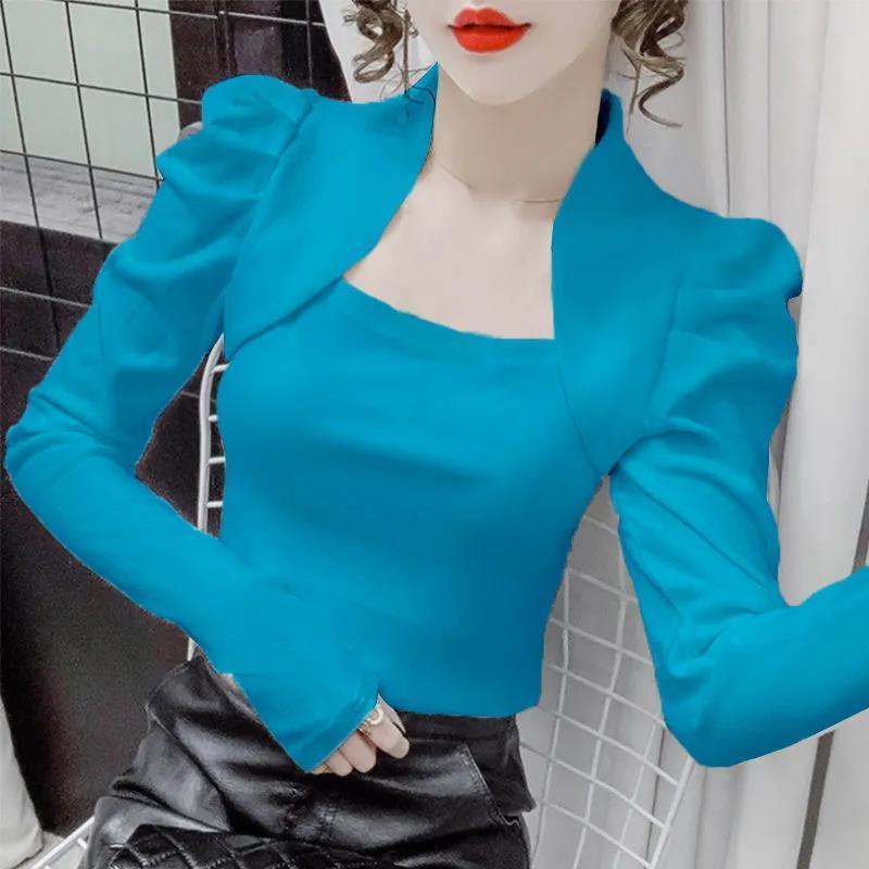 

Весенняя новинка 2023 года, футболка с длинным рукавом во французском стиле с квадратным вырезом, женская однотонная, с рукавами-фонариками, тонкая, элегантная, пуловеры M небесно-голубой