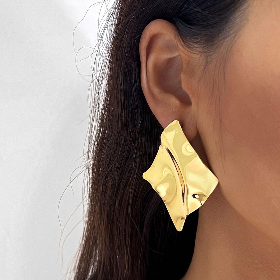 Big Golden Clip on Earrings for Women Metal Geometric Asymmetric Non Pierced Statement Earrings Fashion Party Jewelry Gift