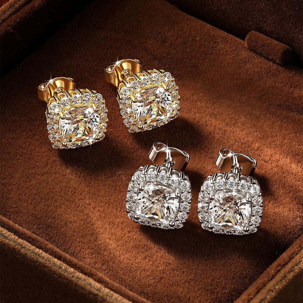 New 14K Gold Filled Cushion Stone Cubic Zirconia Square Stud Earrings Zircon Classic Fat Square Halo Studs Earrings Jewelry Gift