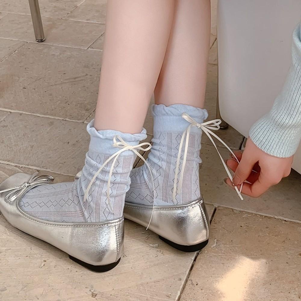 Solid Color Long Socks Breathable Bowknot Socks Soft Women's Socks  Summer
