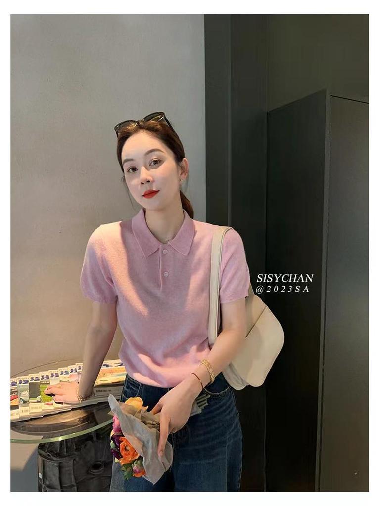 Korean Style Slimming Polo Collar Knit Shirt - Women's Casual Summer Pullover