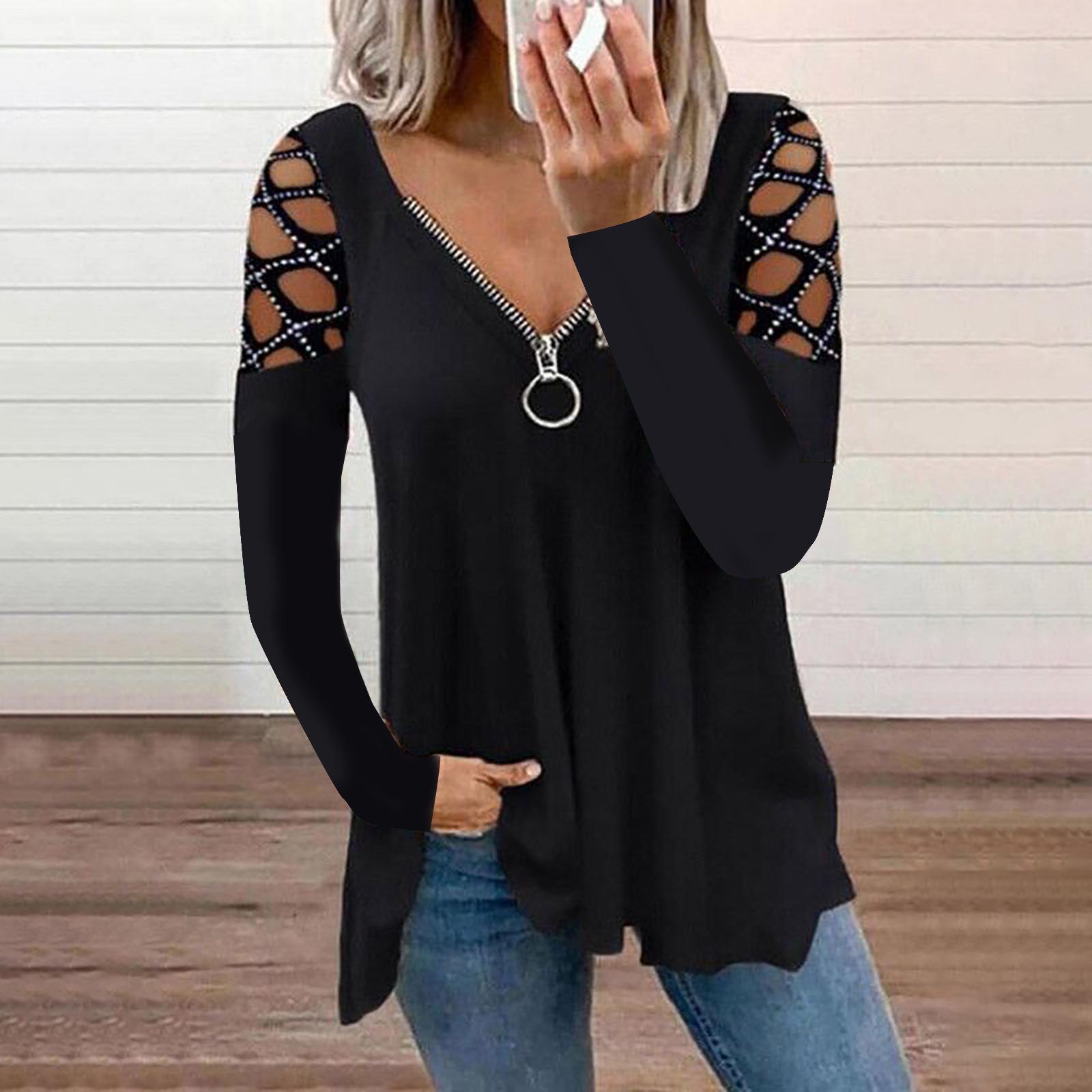

2026 V-Neck Solid Color Hollow Sleeve Drilled Casual Women s Top S чёрный